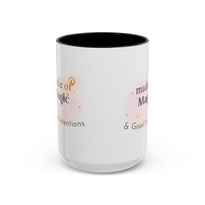 Jena Jewelry white ceramic mug with black interior, featuring "Made of Magic" text and watercolor design for positive energy.