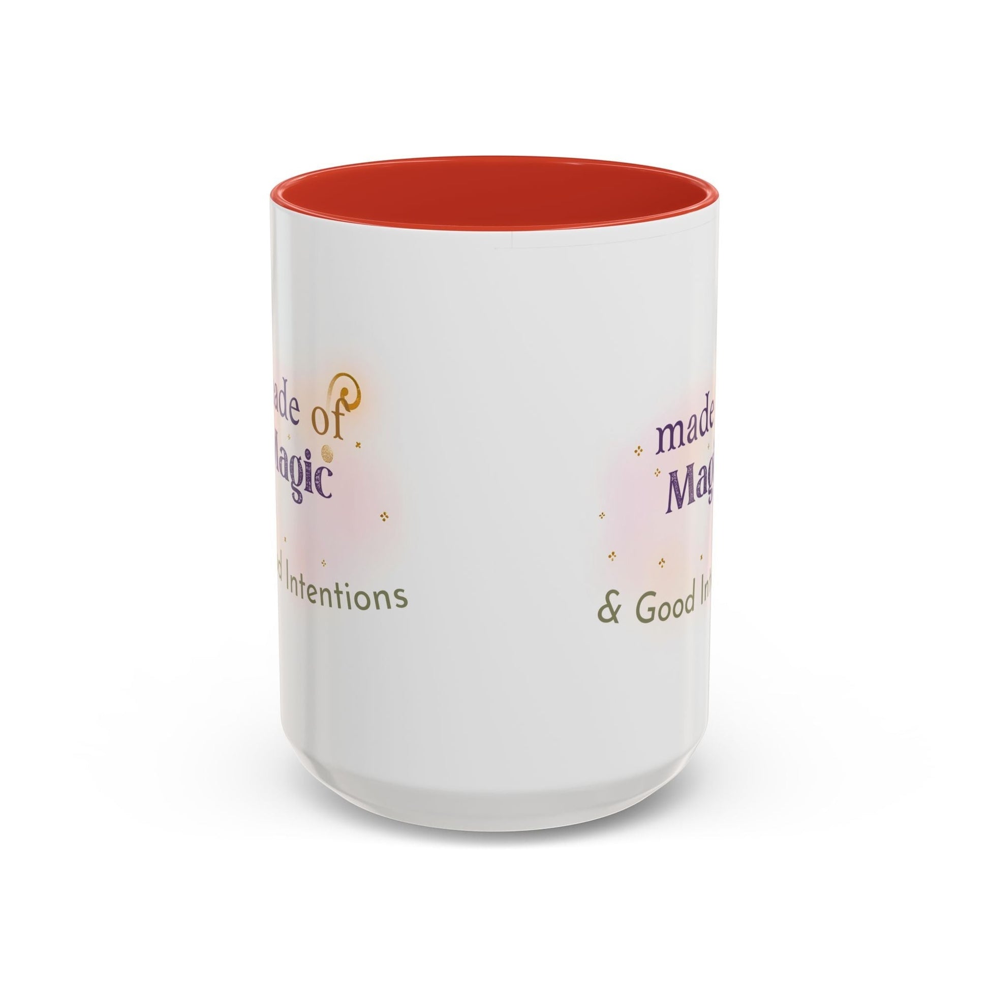 Jena Jewelry white ceramic mug with red interior, featuring "Made of Magic" text and watercolor accents.
