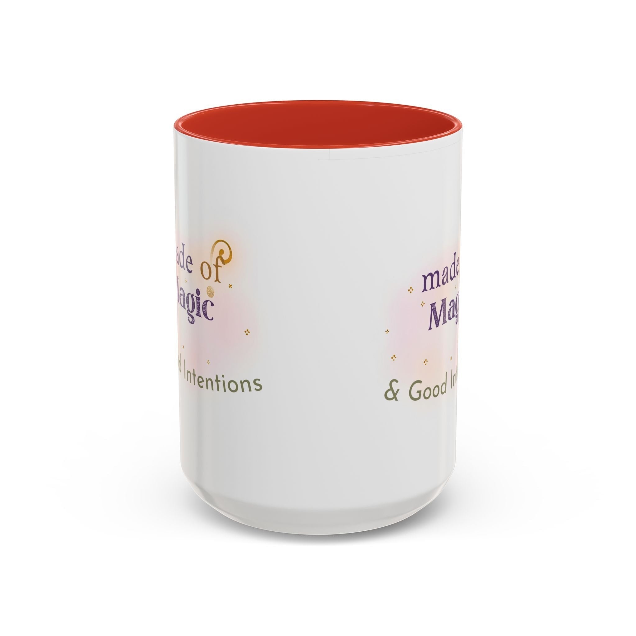 Jena Jewelry white ceramic mug with red interior, featuring "Made of Magic" text and watercolor accents.