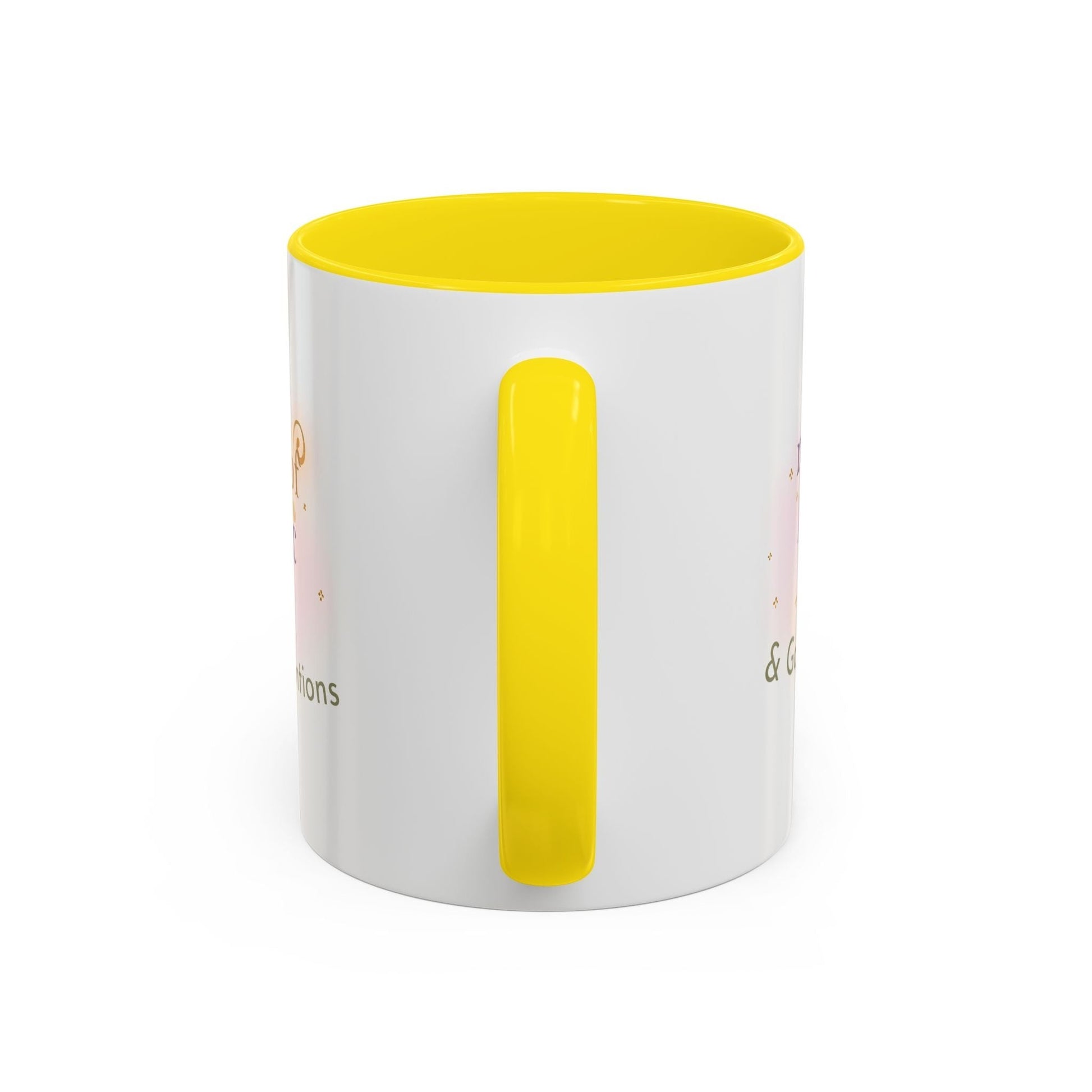 Jena Jewelry white ceramic mug with yellow interior and handle, featuring "Made of Magic" affirmation text and watercolor design.