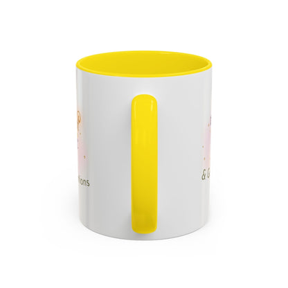 Jena Jewelry white ceramic mug with yellow interior and handle, featuring "Made of Magic" affirmation text and watercolor design.