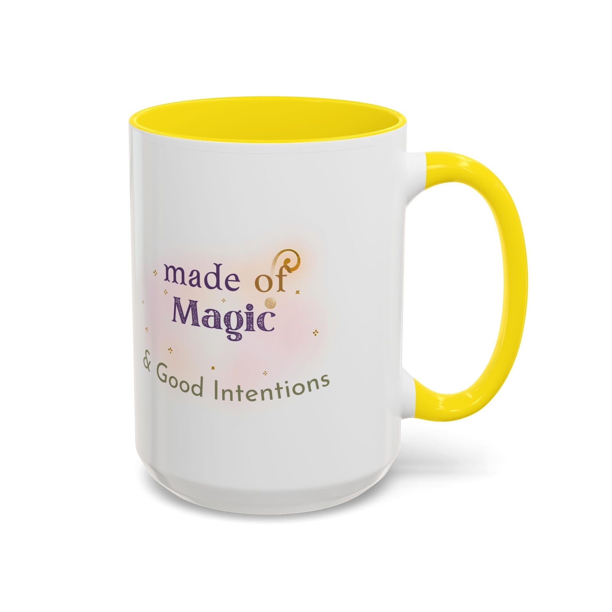 Jena Jewelry white ceramic mug with yellow handle and interior, featuring "Made of Magic & Good Intentions" text and watercolor design.