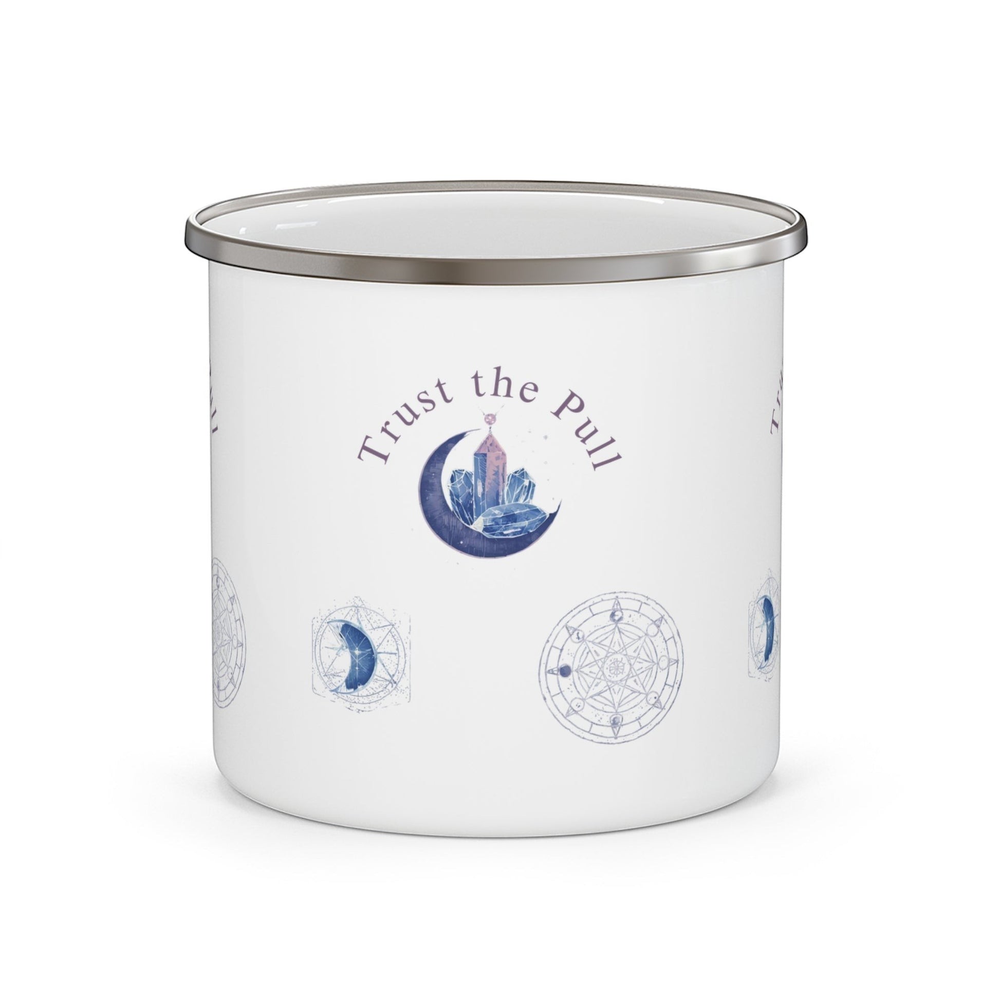 Jena Jewelry white enamel camping mug with moon phase and crystal design, featuring the text "Trust the Pull".