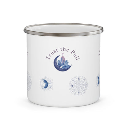 Jena Jewelry white enamel camping mug with moon phase and crystal design, featuring the text "Trust the Pull".