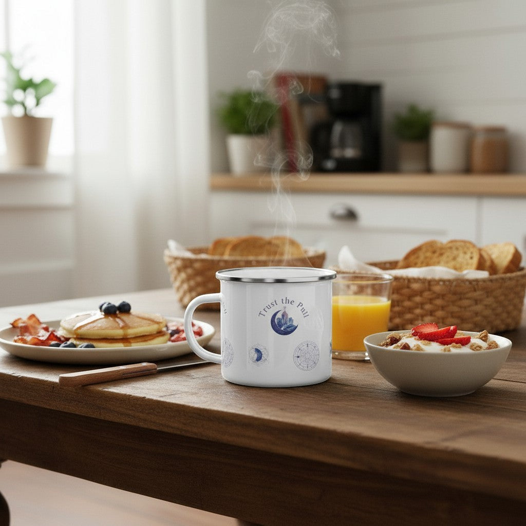 White enamel camping mug with moon phase design and "Trust the Pull" text, held by a hand with rings.