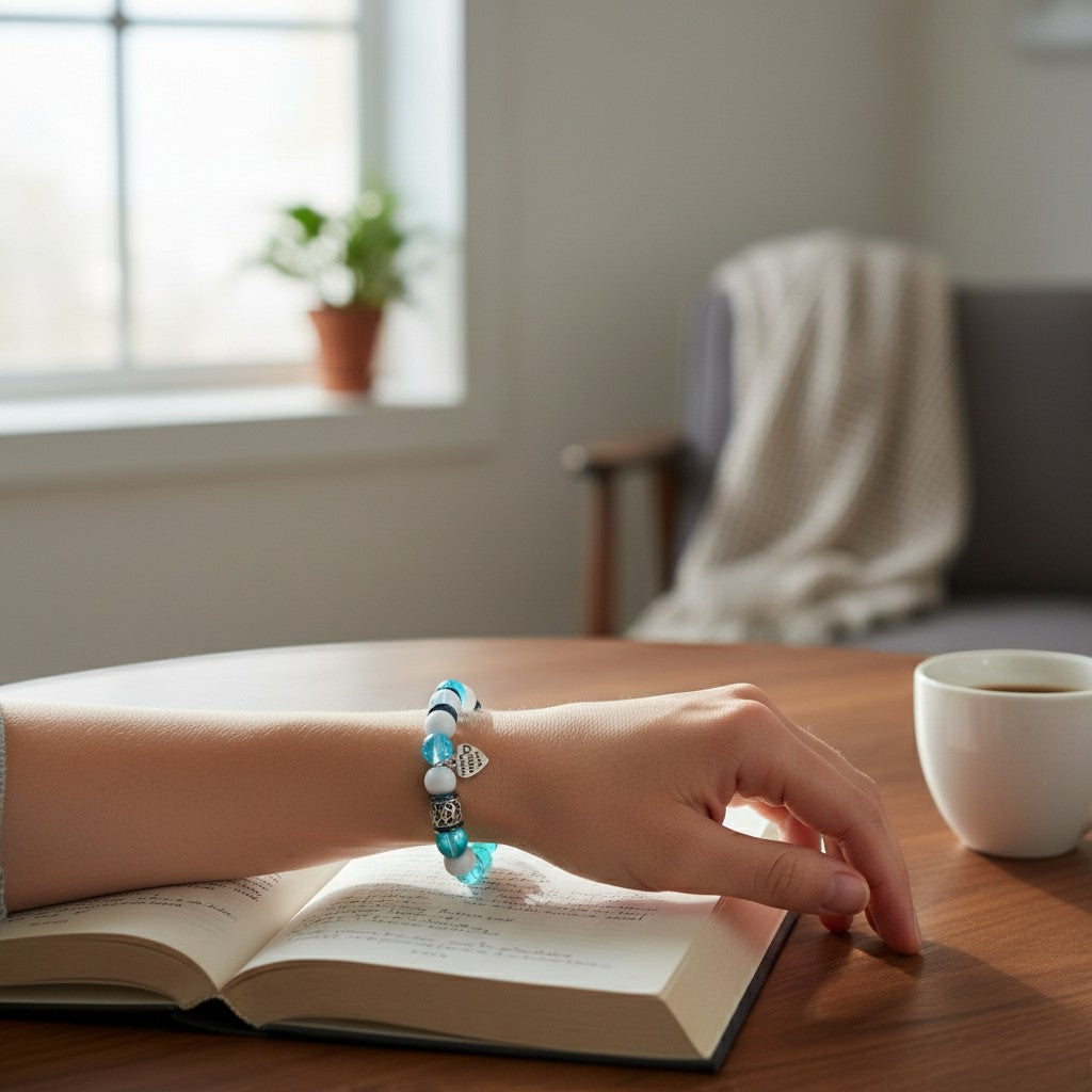Jena Jewelry blue and white beaded stretch bracelet spelling "Let It Go!" in Morse code with a heart charm.