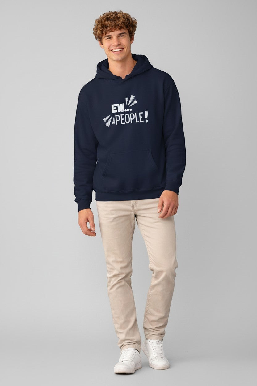 Jena Jewelry navy blue cotton-poly blend hoodie with white "EW... PEOPLE!" graphic print and kangaroo pocket.