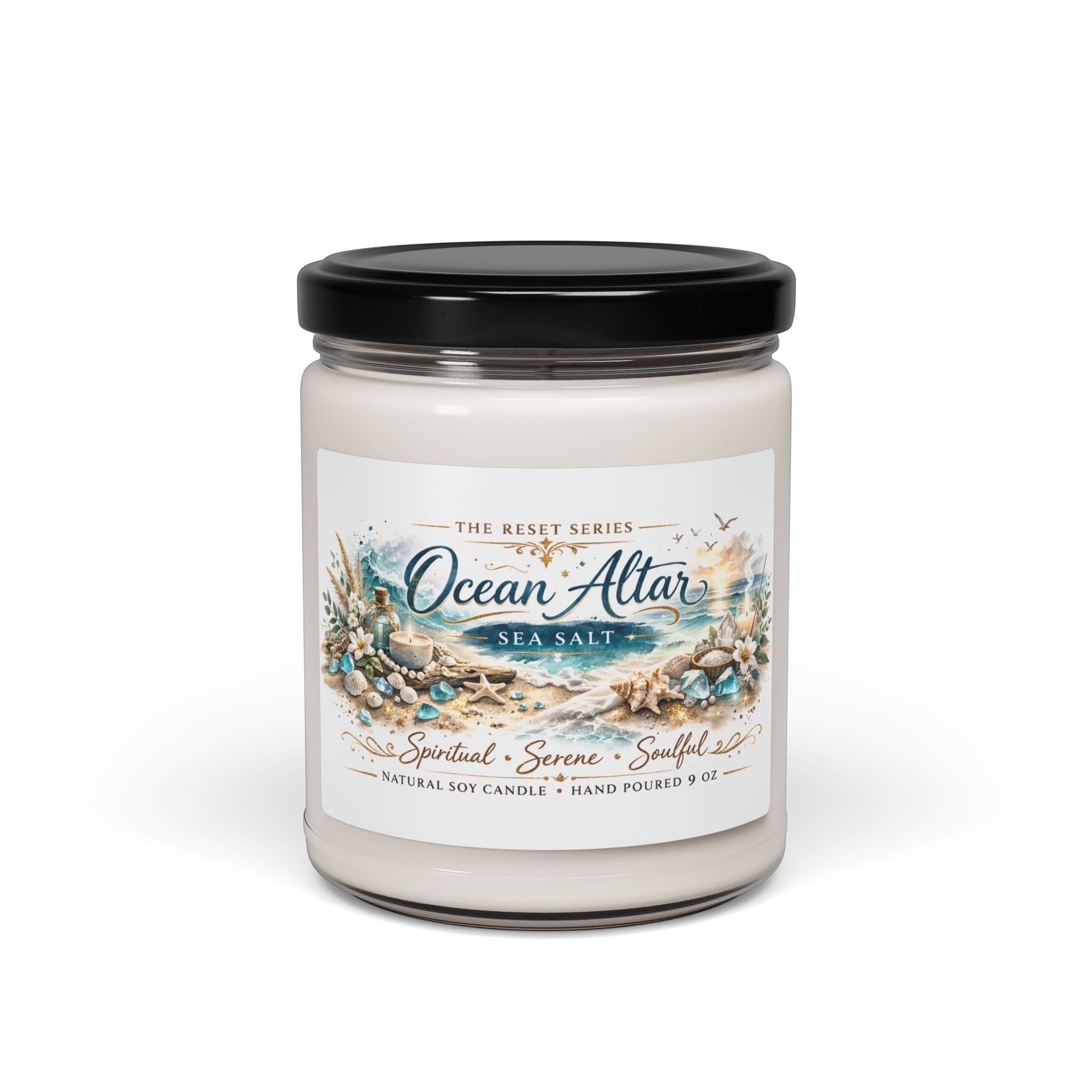 Jena Jewelry Ocean Altar sea salt scented soy candle in a clear glass jar with a black lid. Features a beach-themed label.
