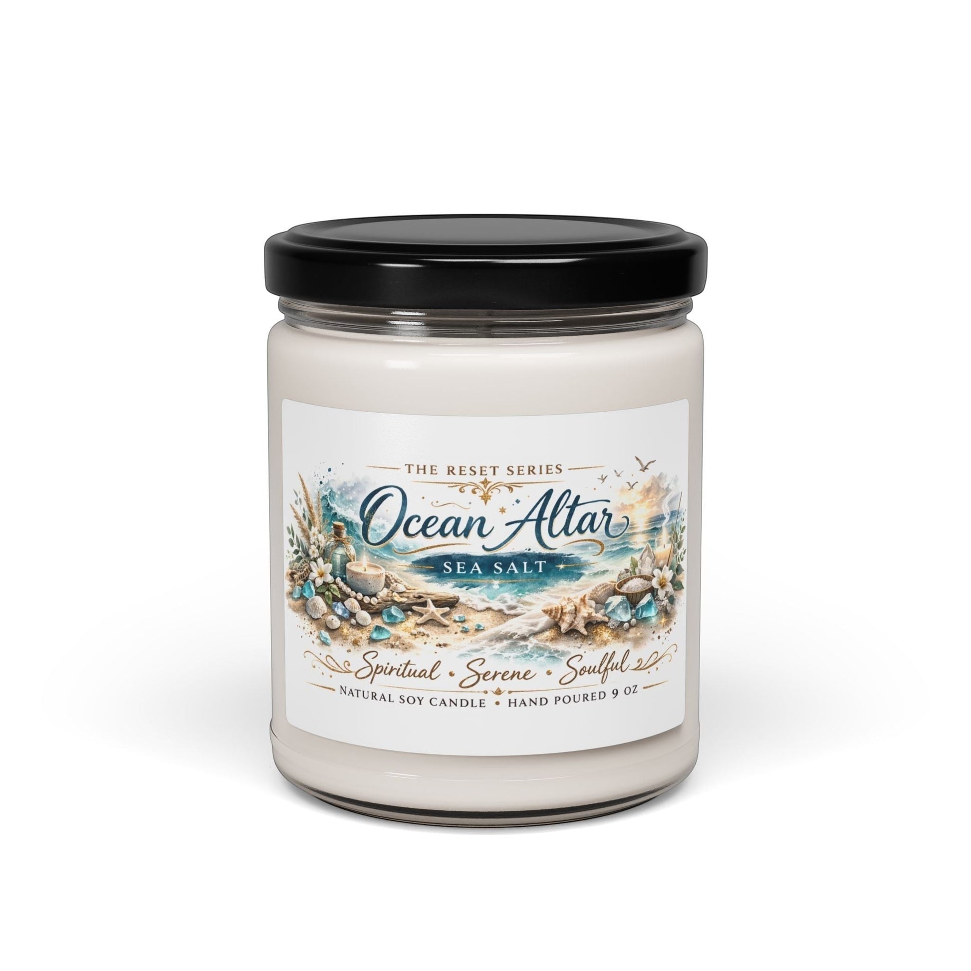 Jena Jewelry Ocean Altar sea salt scented soy candle in a clear glass jar with a black lid. Features a beach-themed label.