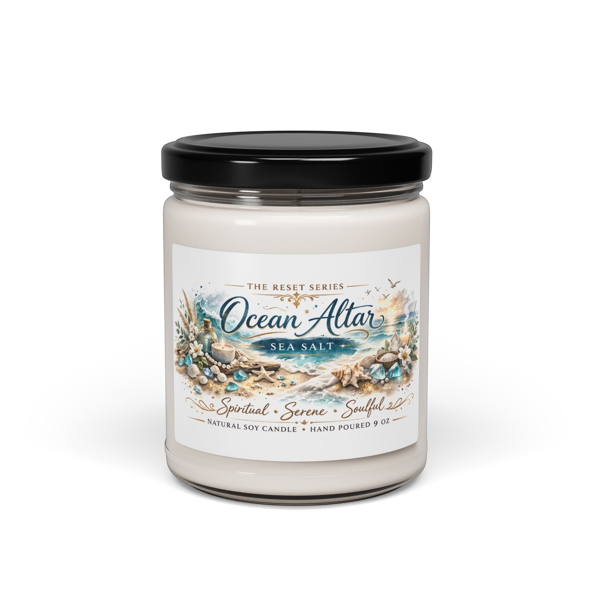 Jena Jewelry Ocean Altar sea salt scented soy candle in a clear glass jar with a black lid. Features a beach-themed label.