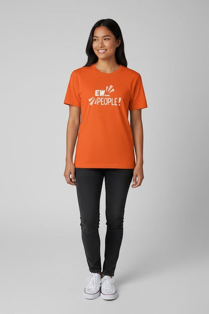 Jena Jewelry orange 100% cotton t-shirt with white "EW... PEOPLE!" graphic print on chest. Relaxed fit, crewneck, short sleeves.