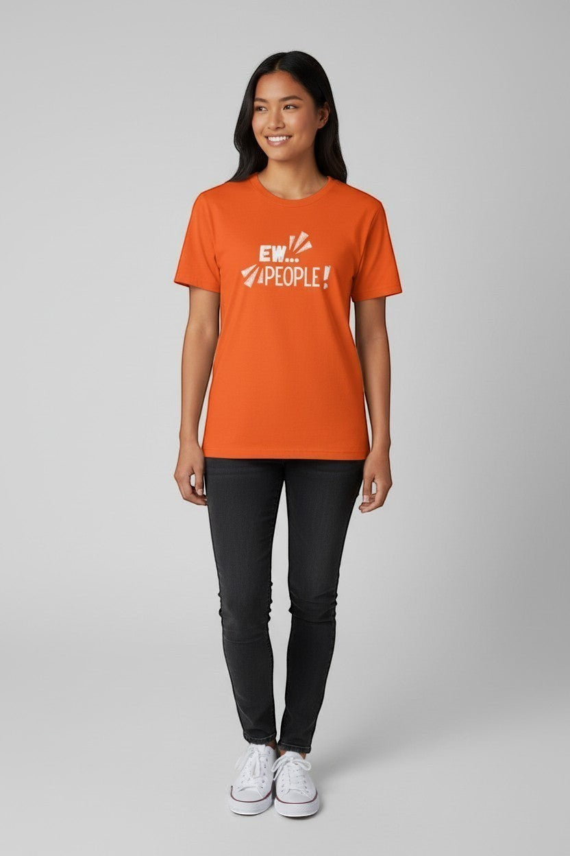 Jena Jewelry orange 100% cotton t-shirt with white "EW... PEOPLE!" graphic print on chest. Relaxed fit, crewneck, short sleeves.