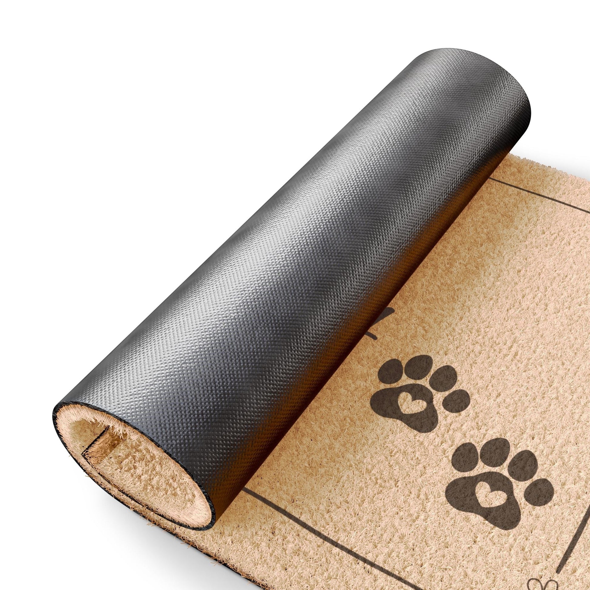 Jena Jewelry natural coir doormat with black paw print design and anti-slip backing