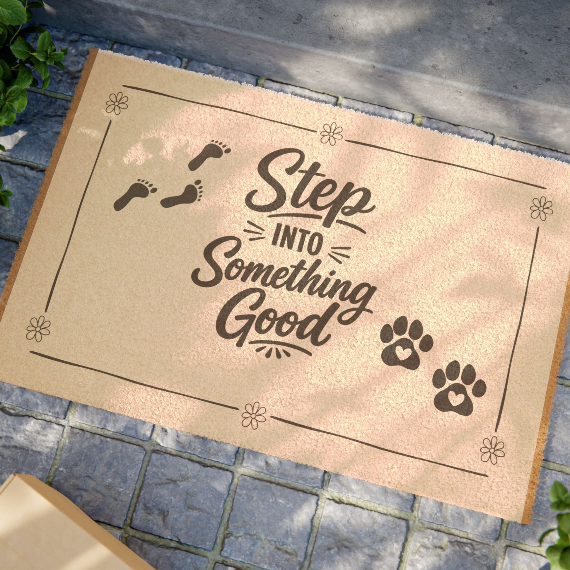 Jena Jewelry natural coir doormat with 'Step Into Something Good' text, paw prints, and footprints.