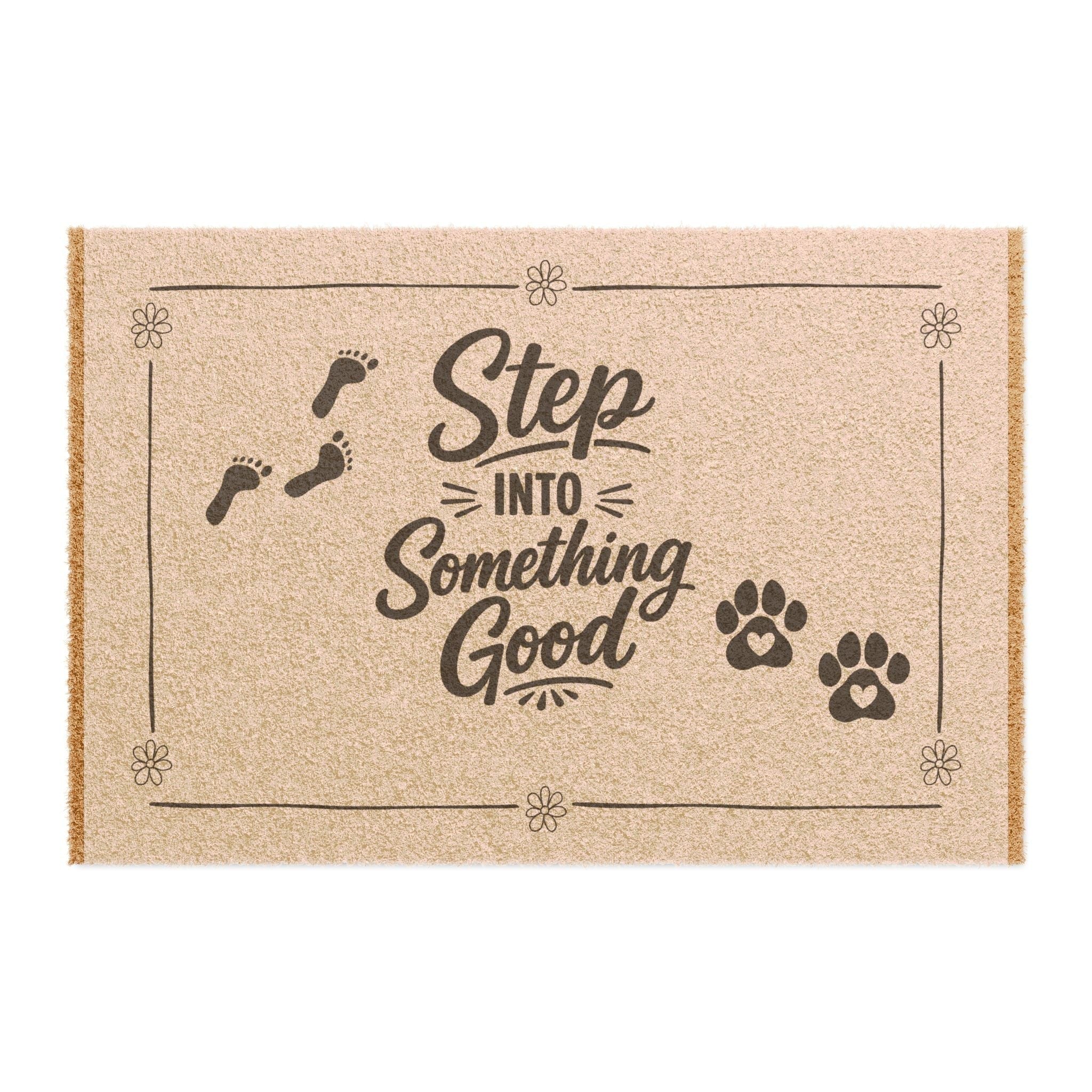 Jena Jewelry natural coir doormat with "Step Into Something Good" text, footprints, and paw prints.