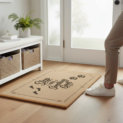 Jena Jewelry natural coir doormat with black "Step Into Something Good" text and paw prints. Outdoor use.