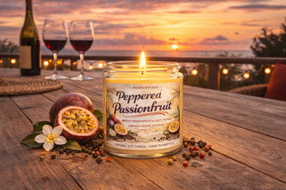 Jena Jewelry Peppered Passionfruit natural soy candle with a bright, energizing scent, perfect for summer vibes.