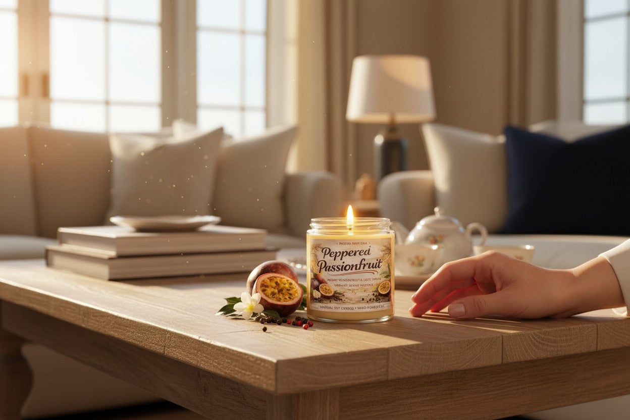 Jena Jewelry Peppered Passionfruit soy candle in a glass jar with a lit wick, on a wooden table with passionfruit and peppercorns.