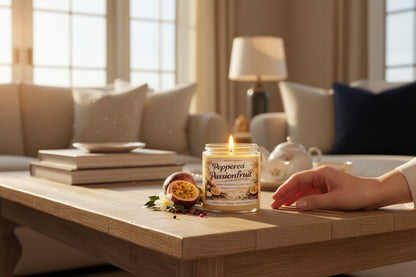 Jena Jewelry Peppered Passionfruit soy candle in a glass jar with a lit wick, on a wooden table with passionfruit and peppercorns.