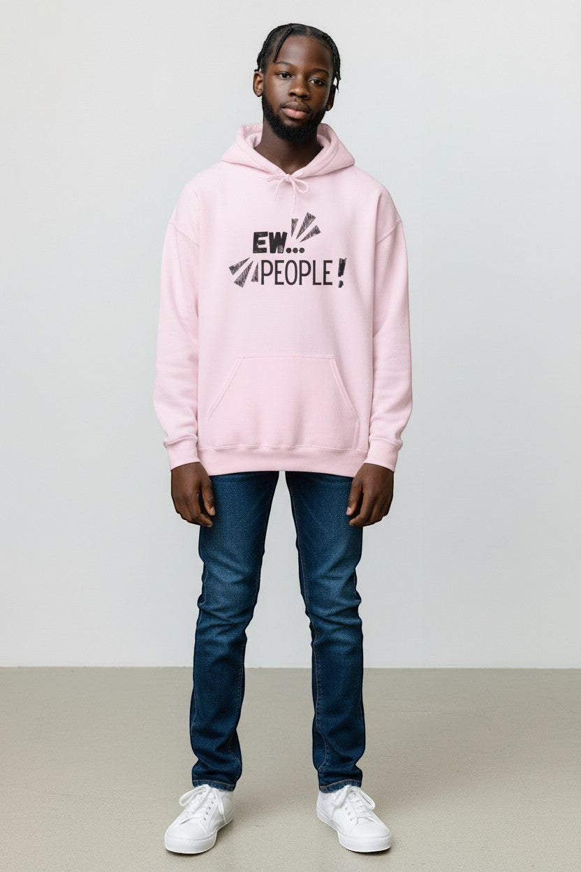 Jena Jewelry light pink cotton-poly blend hoodie with distressed black "EW... PEOPLE!" graphic print and kangaroo pocket.