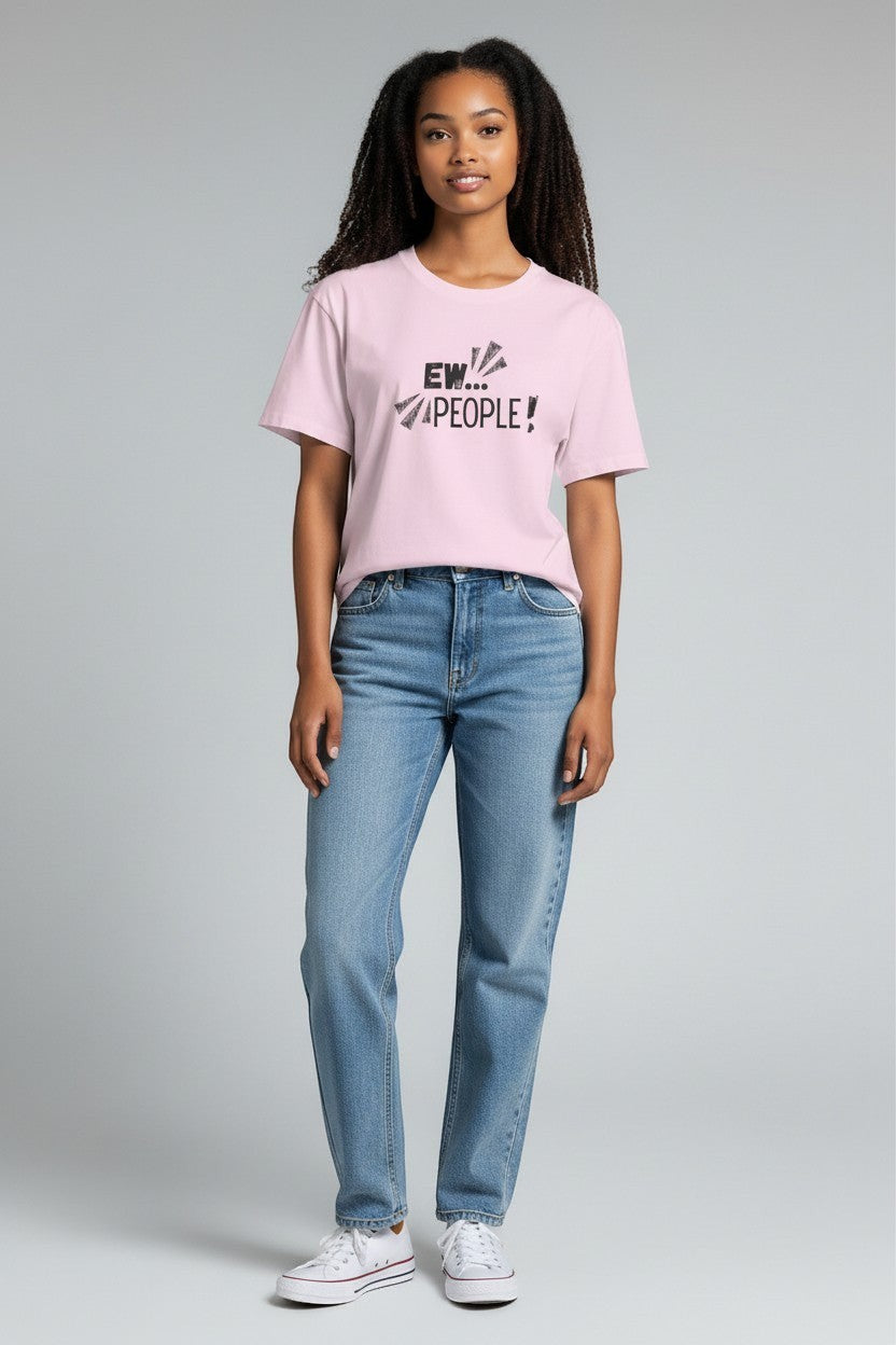 Jena Jewelry light pink 100% cotton crewneck t-shirt with distressed "EW... PEOPLE!" graphic print. Model wears jeans and sneakers.
