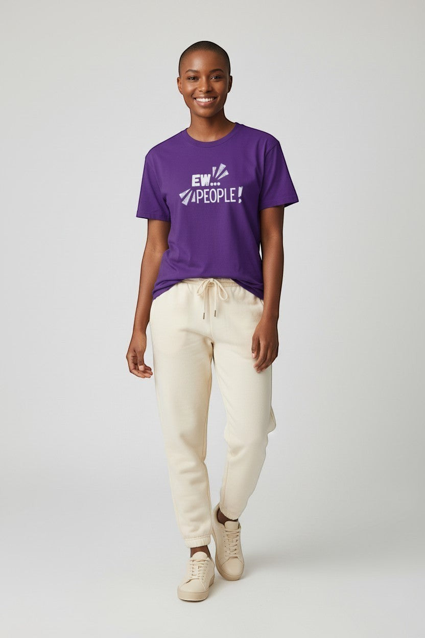 Jena Jewelry purple 100% cotton t-shirt with white "EW... PEOPLE!" graphic print on chest. Relaxed fit, crewneck, short sleeves.