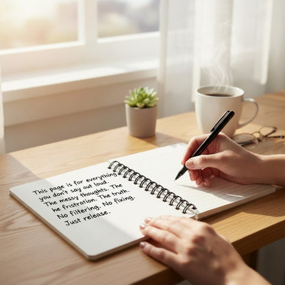 Jena Jewelry Quiet Power Journal, a spiral-bound notebook with lined pages, being written in by a person at a desk with a cup of coffee.