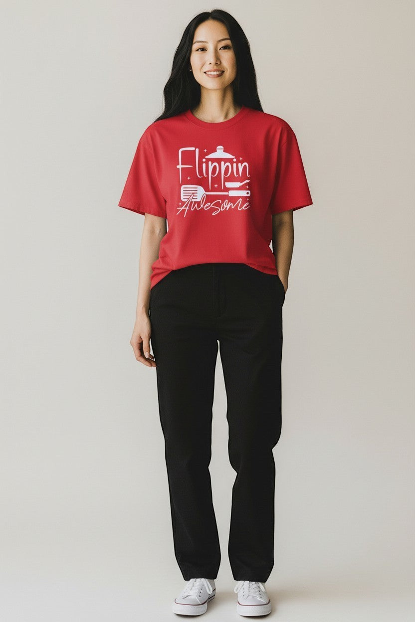 Jena Jewelry red 100% cotton t-shirt with white graphic text "Flippin Awesome" and cooking icons.