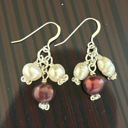 Jena Jewelry cluster freshwater pearl drop earrings in deep red and cream, with silver-tone wire wrapping.