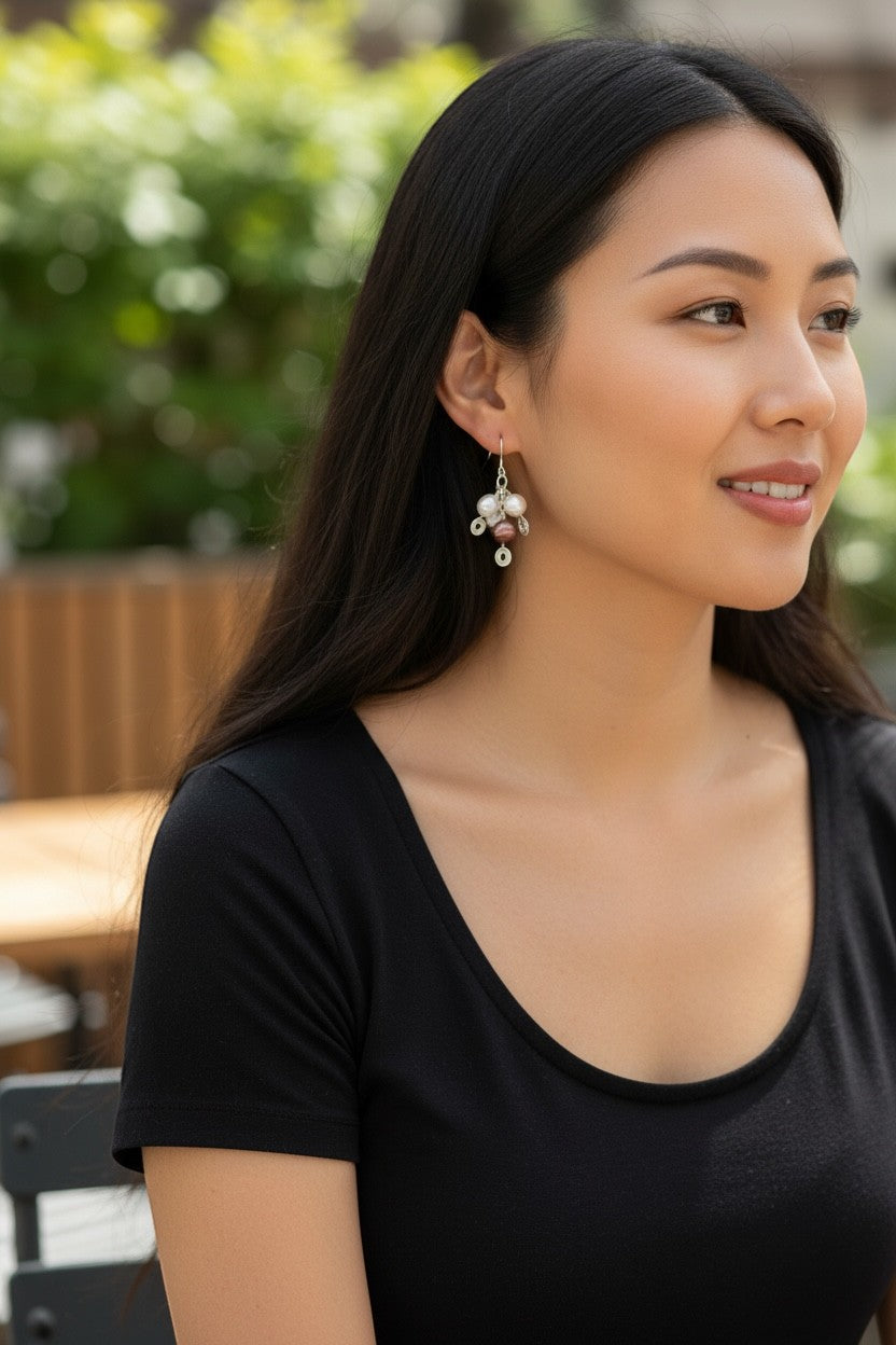 Jena Jewelry cluster freshwater pearl drop earrings in deep red and white, wrapped in silver-tone wire. Lightweight and romantic.