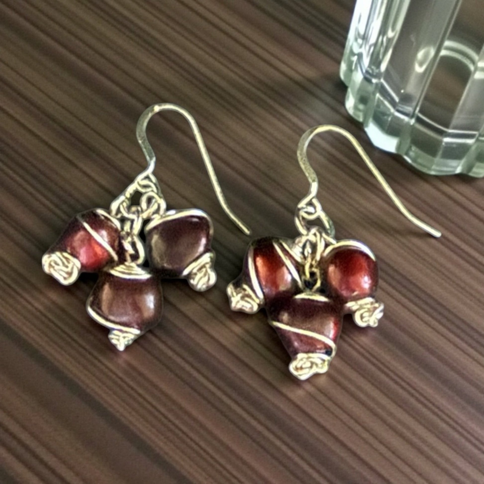 Jena Jewelry deep red freshwater pearl cluster drop earrings with silver-tone wire wrapping. Lightweight and unique.