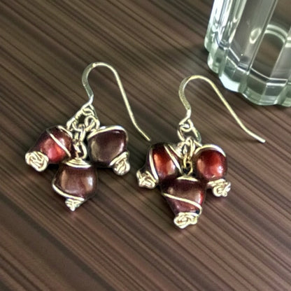 Jena Jewelry deep red freshwater pearl cluster drop earrings with silver-tone wire wrapping. Lightweight and unique.