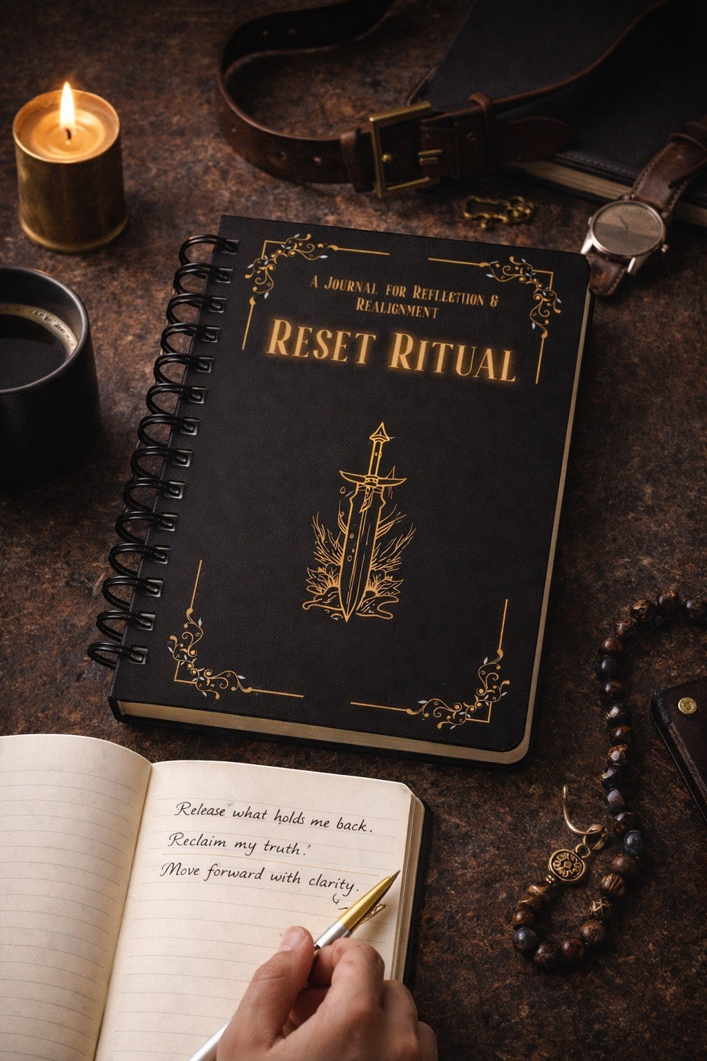 Jena Jewelry Reset Ritual journal with black cover, gold sword emblem, and spiral binding. Open page shows handwritten text and a pen.