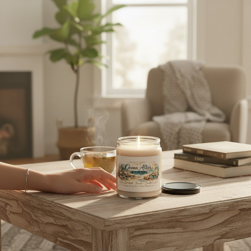 Jena Jewelry Ocean Altar sea salt soy candle in a glass jar, burning with gentle steam, on a wooden table.
