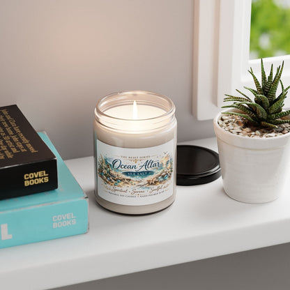 Jena Jewelry Ocean Altar sea salt soy candle in a clear glass jar with a beach-inspired label. Natural soy wax, 9 oz.