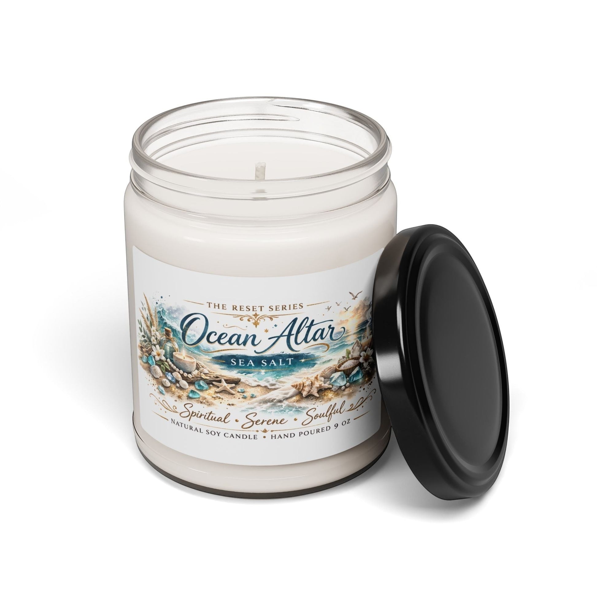 Jena Jewelry Ocean Altar sea salt natural soy candle with a beach-inspired label and black lid.