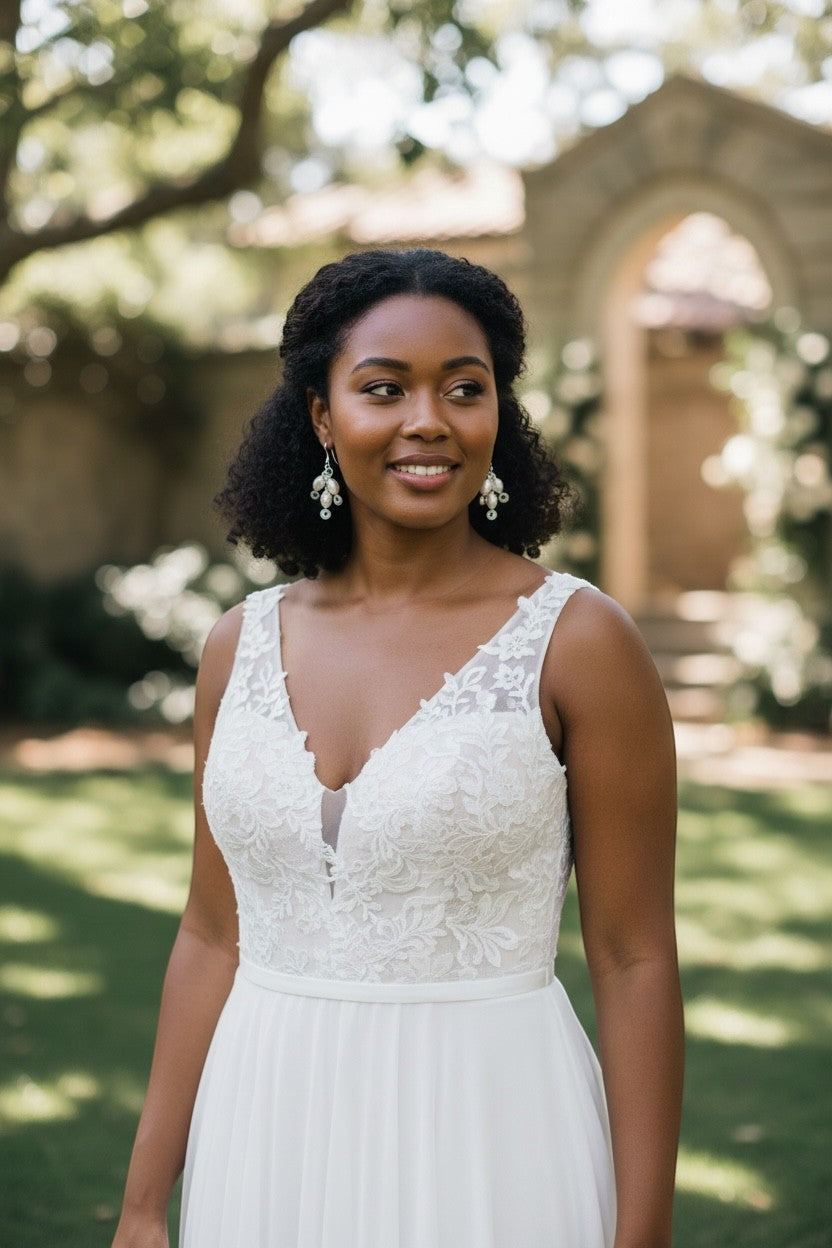 Jena Jewelry elegant spiral freshwater pearl bridal earrings with silver-tone wire detail. Model wears a white lace wedding dress outdoors.