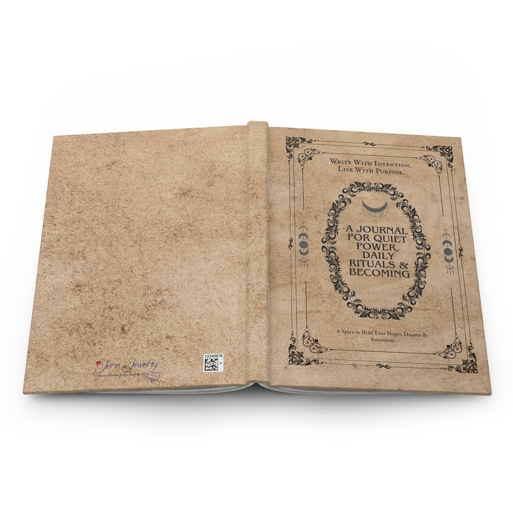 Jena Jewelry daily ritual journal with a vintage parchment cover and ornate black text.