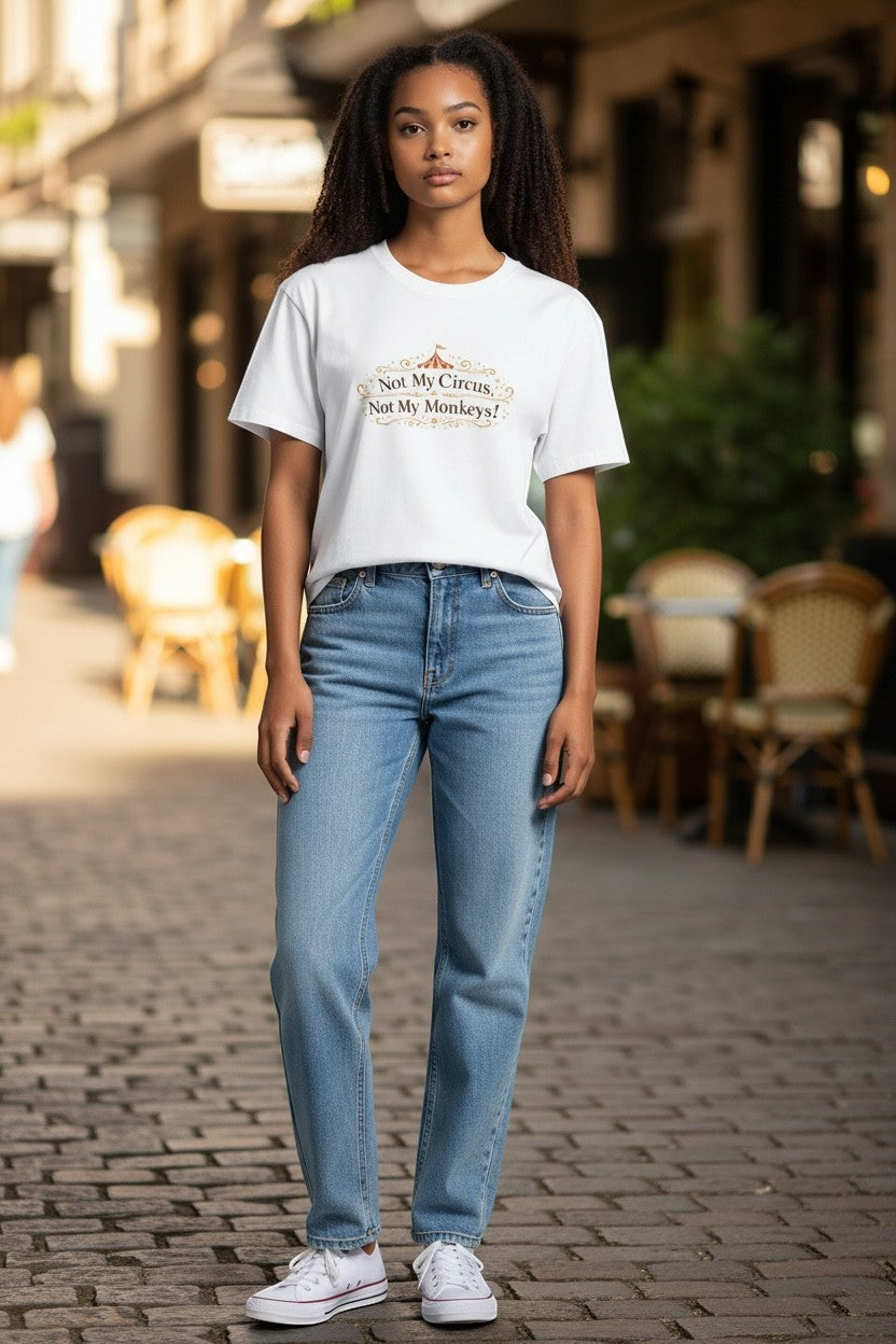 Jena Jewelry white cotton tee with "Not My Circus, Not My Monkeys!" graphic. Model wears jeans and sneakers.