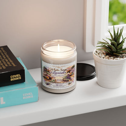 Jena Jewelry White Sage & Lavender soy candle in a glass jar, perfect for meditation and relaxation.
