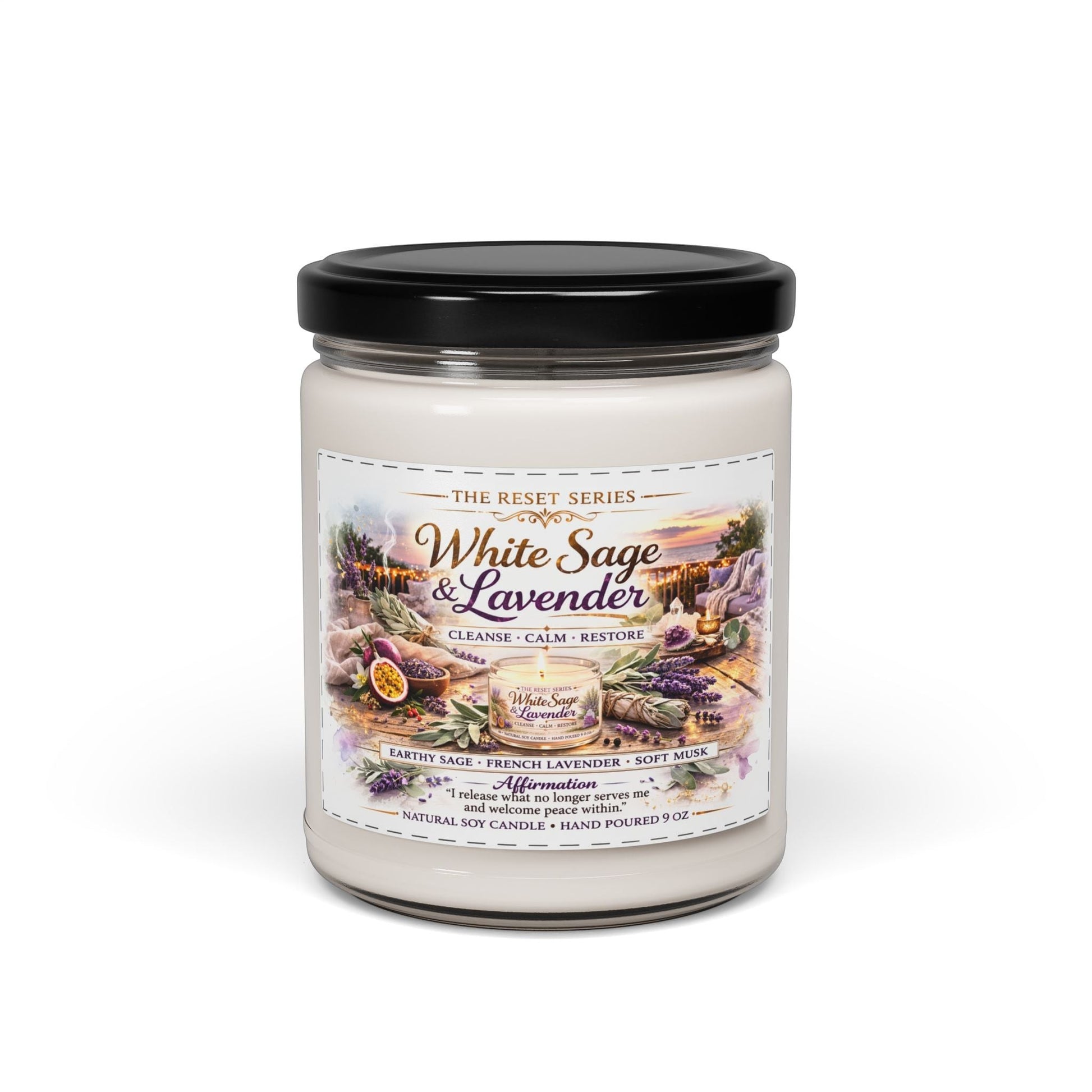 Jena Jewelry White Sage & Lavender soy candle in a glass jar with a black lid, promoting relaxation and energy cleansing.