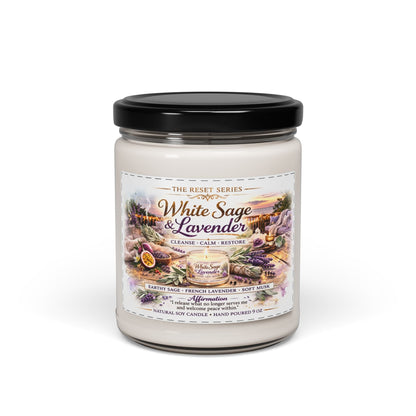 Jena Jewelry White Sage & Lavender soy candle in a glass jar with a black lid, promoting relaxation and energy cleansing.