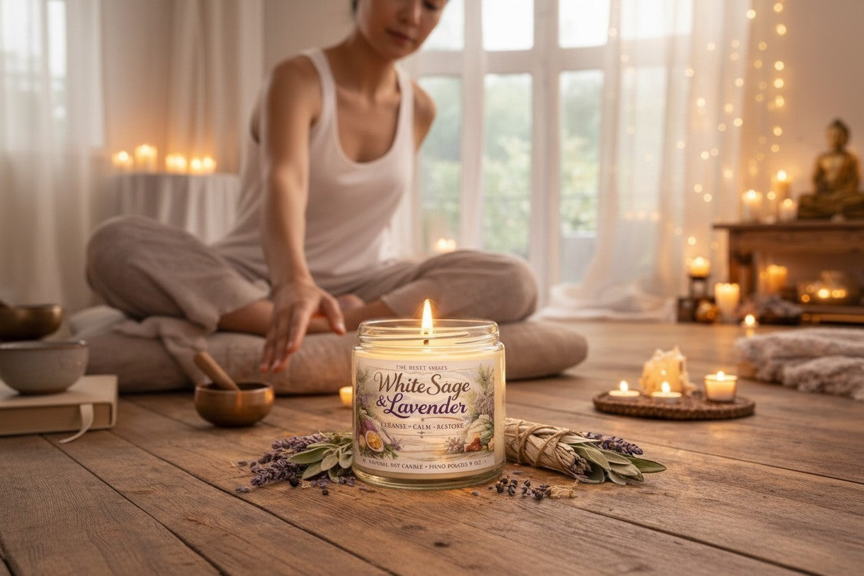 Jena Jewelry White Sage & Lavender soy candle in a glass jar, lit and placed on a wooden floor with sage bundles and lavender sprigs.
