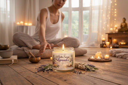 Jena Jewelry White Sage & Lavender soy candle in a glass jar, lit and placed on a wooden floor with sage bundles and lavender sprigs.