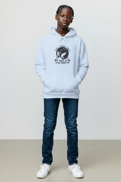 Youth wearing light blue hoodie, a comfortable and casual graphic sweatshirt for everyday wear.