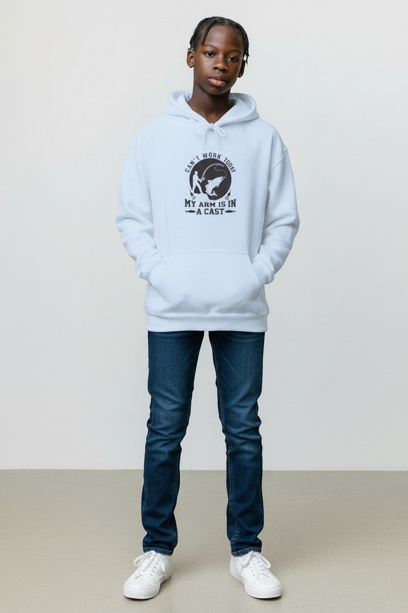 Youth wearing light blue hoodie, a comfortable and casual graphic sweatshirt for everyday wear.
