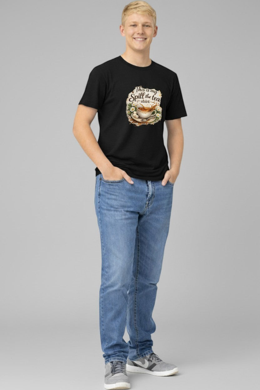 Man wearing black “Spill the Tea” shirt, a bold graphic tee perfect for standout casual outfits.