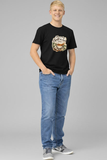 Man wearing black “Spill the Tea” shirt, a bold graphic tee perfect for standout casual outfits.