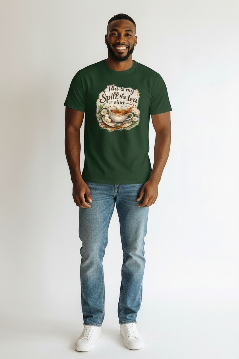 Man wearing green “Spill the Tea” t-shirt, a comfortable and stylish option for everyday wear.
