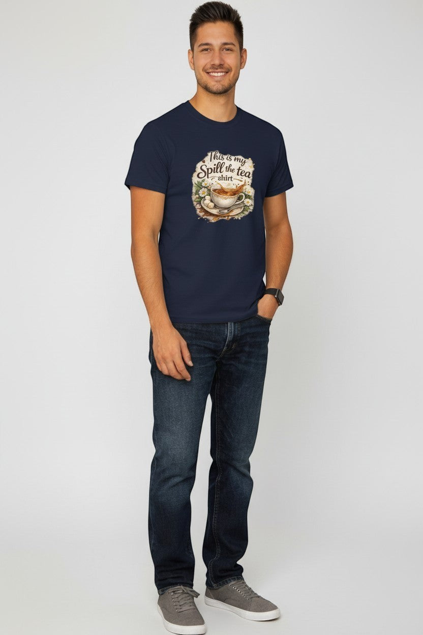 Man wearing navy “Spill the Tea” graphic t-shirt, ideal for casual style and relaxed everyday wear.
